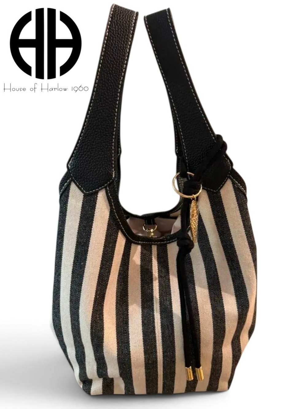 House of Harlow 1960 Black & White Striped Canvas Hobo Shoulder Bag (MSRP $128)